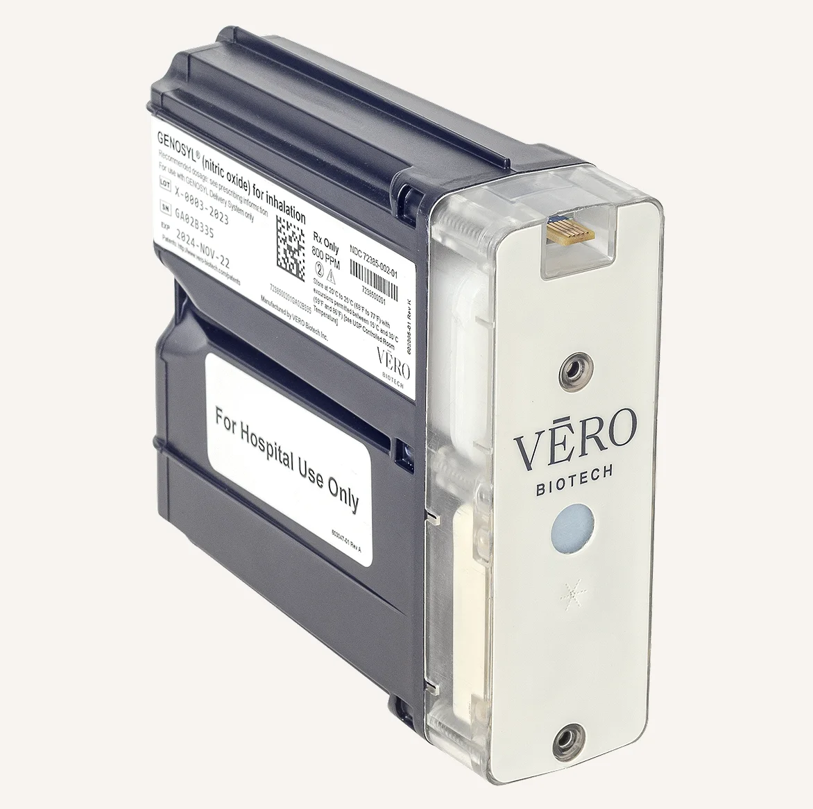 Vero Biotech GenoSyl nitric oxide cartridge for hospital use with product labeling and connector