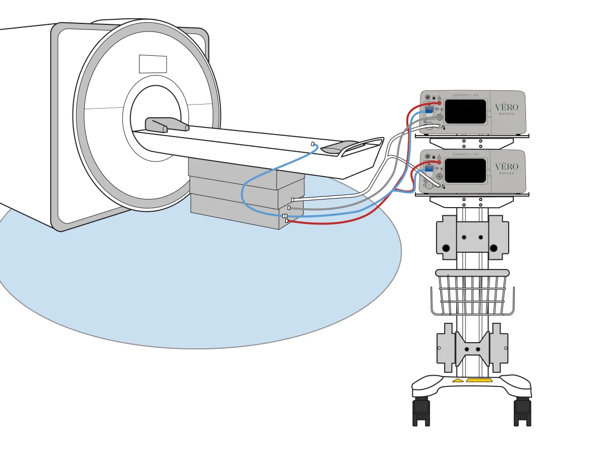 Technical illustration of an MRI scanner connected to Vero Biotech medical devices via blue and red tubes